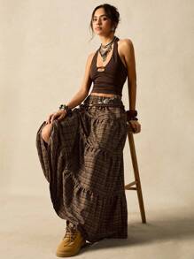 Easelle 棕色复古格子编织多层拼布休闲女式半身裙秋夏乡村音乐会格子裙