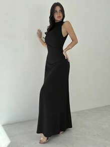 Firerie 女士优雅度假海滩派对连衣裙，不对称肩部，收腰 A 字廓形，无袖，长款，紫红色针织 - 黑色 - 查看 7