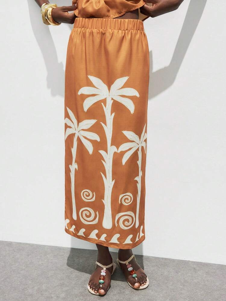 SHEIN Maija Women's Boho Brown Long Woven Fabric Skirt With Palm Tree Print And Split Detail