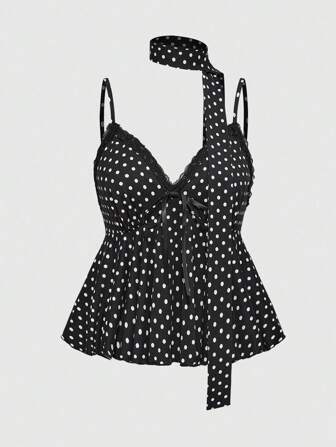 Women's Summer Polka Dot V-Neck Lace Patchwork A-Line Camisole And Tank Top Set With Necktie