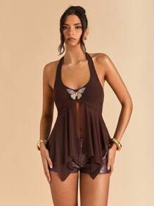 SHEIN BAE 夏季性感蝴蝶结装饰露背吊带上衣，度假装扮女装可爱上衣，短款上衣女装，Y2K服装 - 棕色 - 查看 5