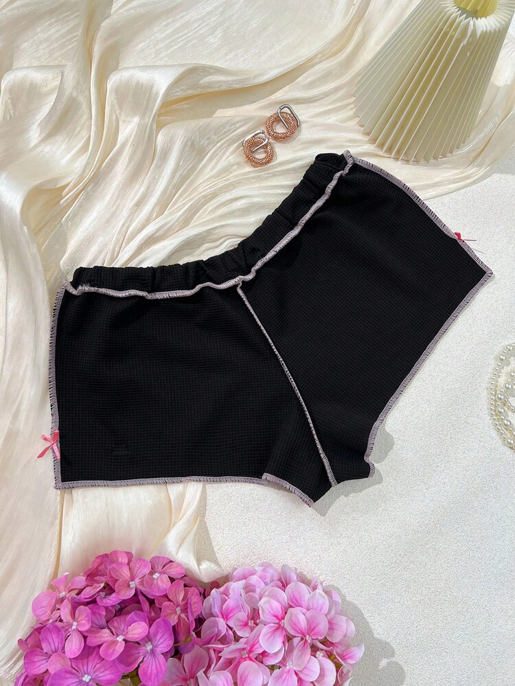 Quần lót Boyshort mặc hàng ngày Kawaii, Quần lót dệt kim mềm mại thoải mái có nơ màu tương phản dành cho thanh thiếu niên, Đen và Hồng - màu đen - Xem 2