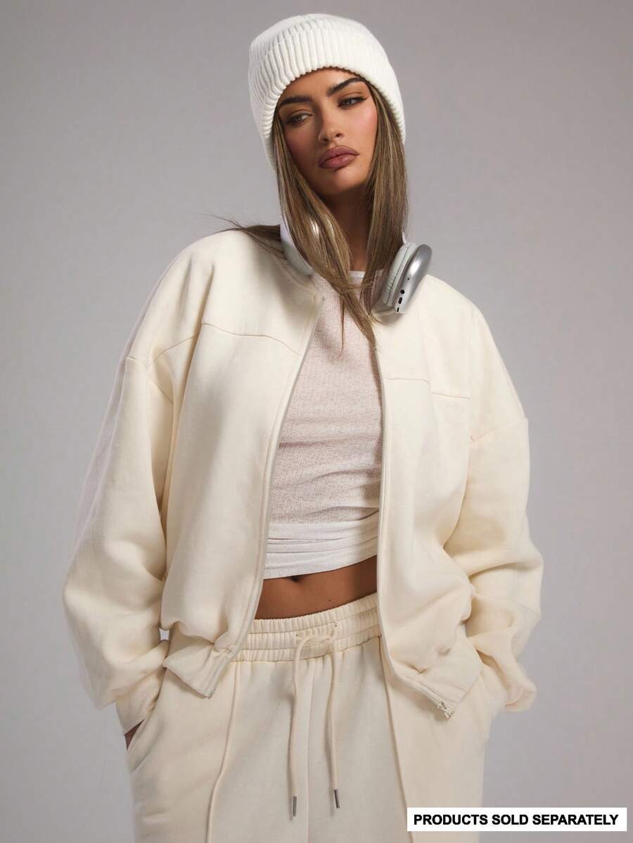 MUSERA Zip Through Jacket Sweatshirt Tracksuit Seam Detail Back To School Autumn Winter Cosy Fall  Cute Casual Everyday Capsule Wardrobe Y2K Streetwear Cream Spring - Beige - View 1