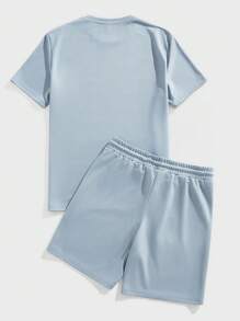 Manfinity Homme 浅蓝色男士字母印花T恤和短裤两件套 - 淺藍色 - 查看 3