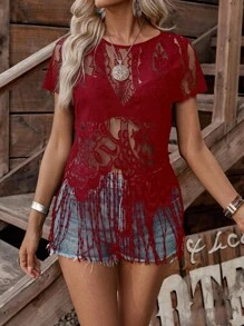 LanaWest 女士蕾丝透明下摆流苏衬衫