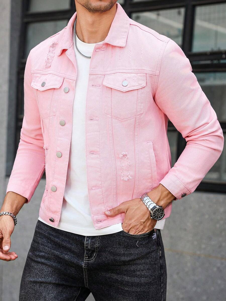 Manfinity Homme 男士长袖单排扣破洞口袋牛仔夹克，粉色，秋季 - 粉色 - 查看 1