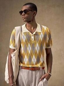 AKNOTIC Business Casual Áo thun nam tay ngắn dệt kim, dáng rộng, mặc hàng ngày, mặc mùa hè, họa tiết hình học Argyle, mặc đi nghỉ mát cho nam thập niên 70 - Màu Khaki - Xem 5