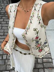 SHEIN Unity White V-Neck Single-Breasted Embroidered Vest - Apricot - View 5