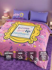FRIENDS X SHEIN Juego de ropa de cama de 3 piezas, Funda nórdica con diseño de marco de fotos, Suave y acogedor, Cálido y lavable, Apto para camas individuales, queen y king.