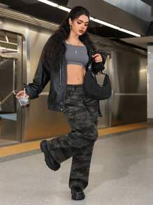 SHEIN PETITE 女式迷彩印花直筒宽松休闲牛仔裤 - 軍綠色 - 查看 6