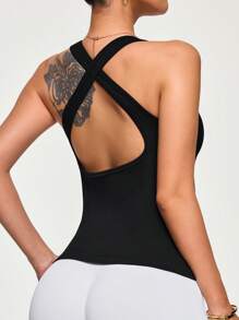 Seamluxe SHEIN Sport 女士纯色无缝交叉后背运动吊带背心 - 黑色 - 查看 3