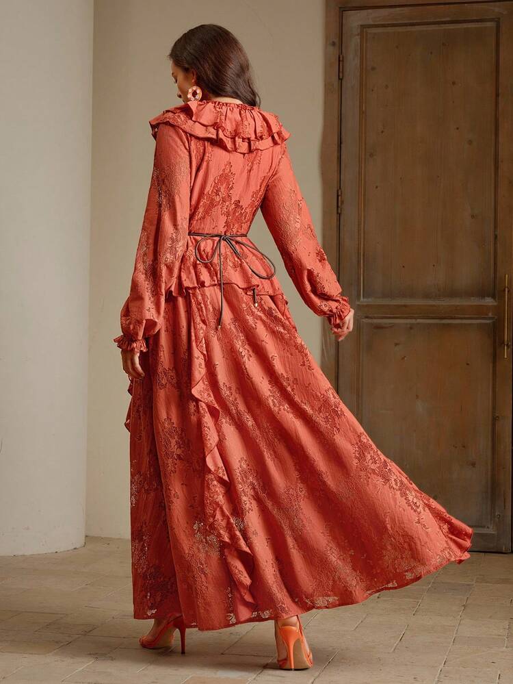 Women's Elegant Ruffle V-Neck Flare Sleeve Lace Dress With Metallic Floral Belt, Spring/Autumn