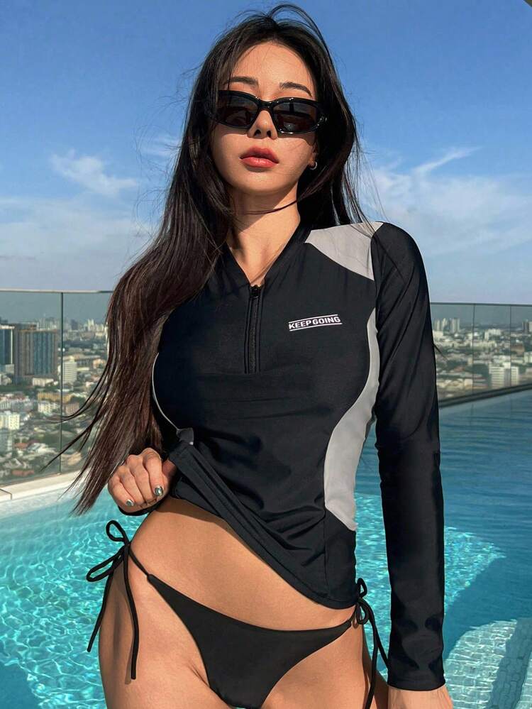 Women's Long Sleeve Modest Color-Block Rashguard, Suitable For Diving And Surfing, For Summer Beach Vacation