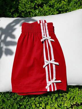 Comfortcana Women's Casual Red Elastic Waist Striped Bow Decor Shorts