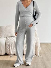 SHEIN 2件套孕妇纯色裹身打结长袖上衣和裤子休闲哺乳套装