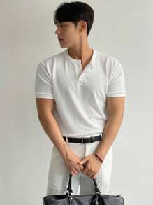 DAZY Camiseta de verano para hombres con cuello de botones y manga corta informal con unicolor