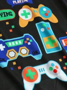 Conjunto de pijama de manga corta con estampado de control de juegos para adolescentes - Negro - Ver 3