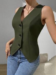 Chiquease 女士休闲无袖开衩西装背心 A E - 軍綠色 - 查看 1