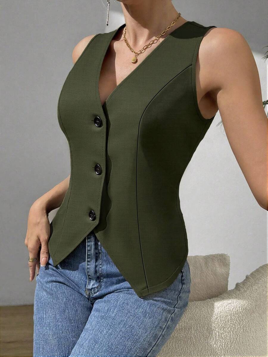Chiquease 女士休闲无袖开衩西装背心 A E - 軍綠色 - 查看 1