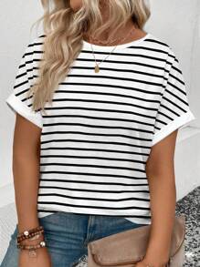 INAWLY Women's Plus Size Round Neck Short Sleeve Striped Print Casual Versatile T-Shirt, Spring/Summer - White - View 1