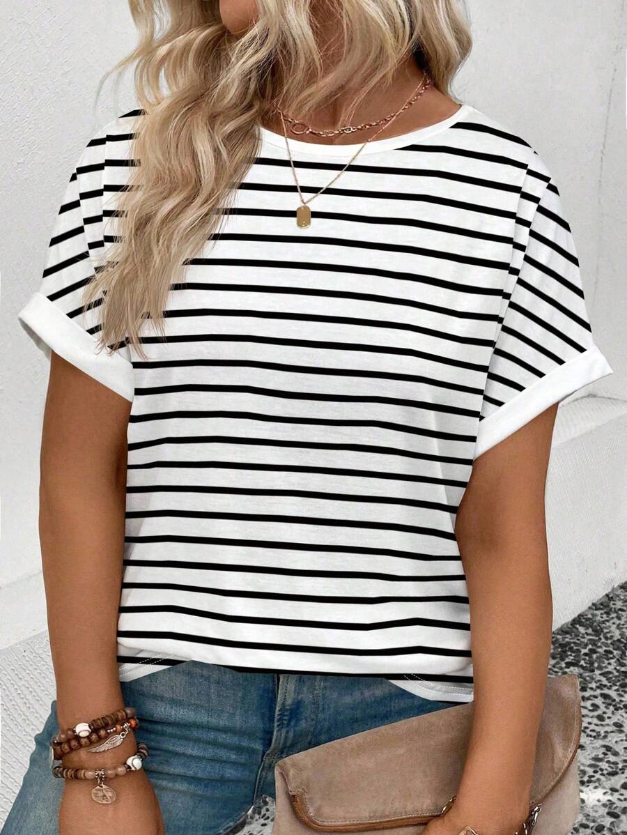 INAWLY Women's Plus Size Round Neck Short Sleeve Striped Print Casual Versatile T-Shirt, Spring/Summer - White - View 1