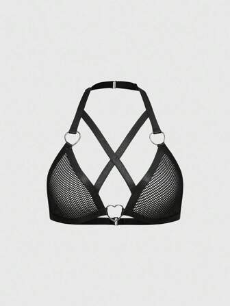 Grunge Punk Sujetador tipo bralette de tela de red punk oscura con diseño de triángulo con cruce en forma de corazón