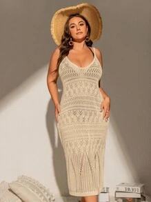Swim Vcay Plus Size Solid Color Hollow Out Knitted Cover Up Dress For Summer Beach Vacation
