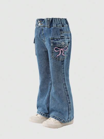 SHEIN Young Girls Medium Wash Denim Flare Jeans With Embroidered Bow Design, Fashionable Cute Style, Casual Everyday Wear For Little Girls Fall Winter