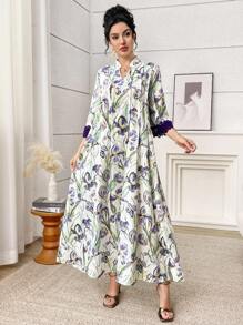 Yasmyna 浪漫花卉褶皱蕾丝边土耳其女士长裙和阿拉伯传统长袍 - 紫色 - 查看 2