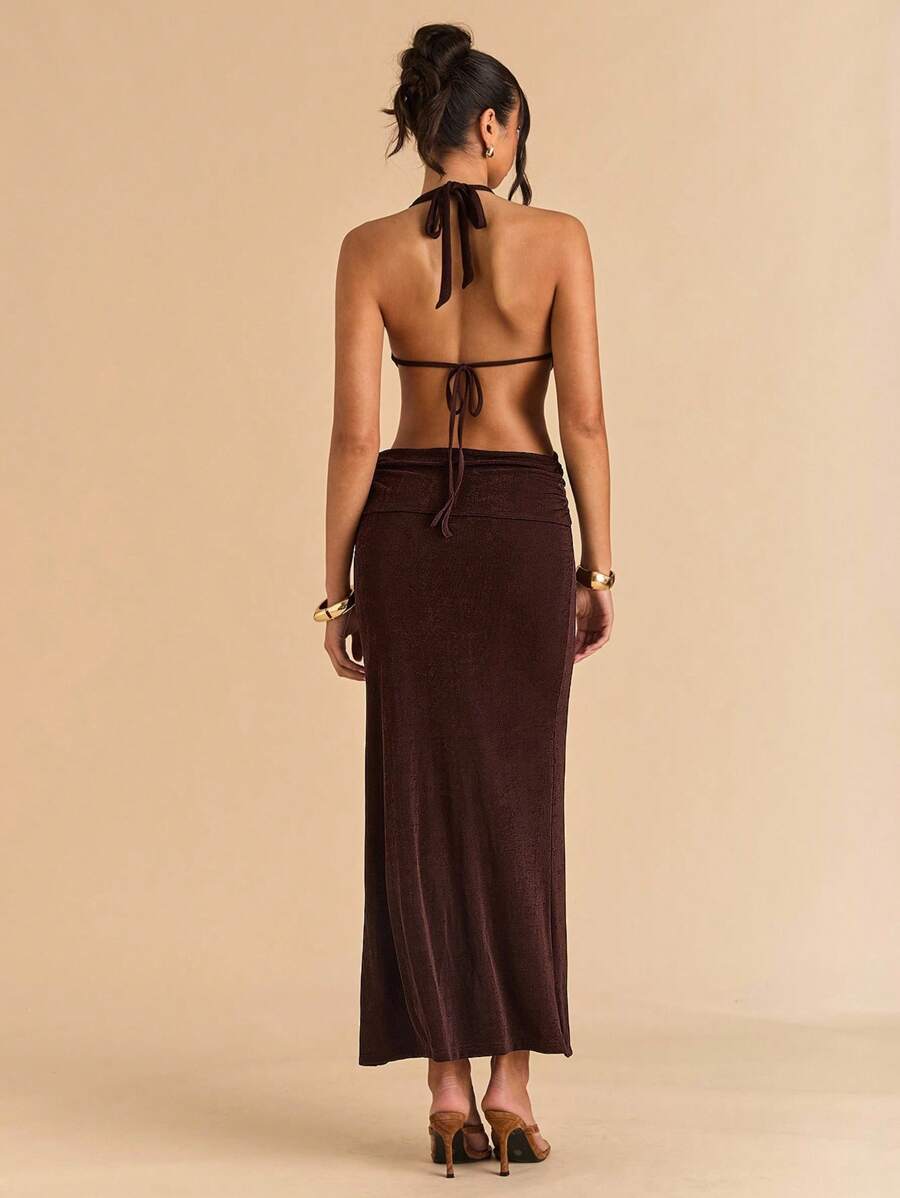 SHEIN BAE Váy suông ôm sát lưng màu nâu trơn hở lưng trang trí nơ dệt kim dáng suông, váy mùa hè cho nữ, trang phục đi nghỉ cho nữ, trang phục đi biển cho nữ, trang phục câu lạc bộ gợi cảm cho nữ, trang phục đi hòa nhạc cho nữ - màu nâu - Xem 1
