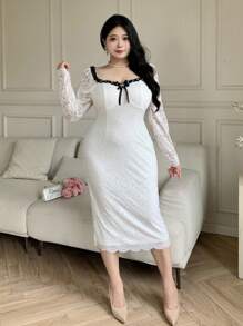 Modelyn Plus Size Solid Color Long Sleeve Dress, Fashionable For Summer