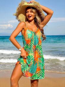 SHEIN Beach Vacation Outfits: Women Tropical Plant Print Spaghetti Strap Dress & Cover Up