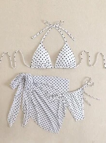 Swim Vcay 3件套女士性感夏季露背系带波尔卡圆点随机印花比基尼套装 - 黑與白 - 查看 5