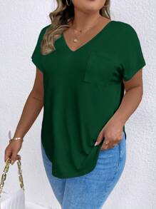 Plus Size Women's Summer Solid V-Neck Short Sleeve Pocket Casual T-Shirt - Dark Green - View 3