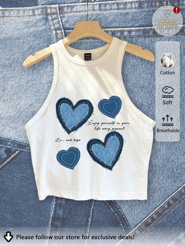 Tseoso Casual Simple Denim Heart Graphic Print Round Neck Slim Fit Women Tank Top, Suitable For Summer Retro