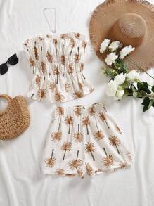 Vivid Eden 2 件套女士沙滩装：前褶饰短款上衣和印花短裤，休闲度假沙滩装 - 彩色 - 查看 9