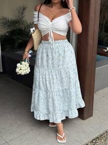 Sunnyshic Plus Size Elastic Waist Ruffle Hem Ditsy Floral Casual Skirt For Women Fall Cloth For Women