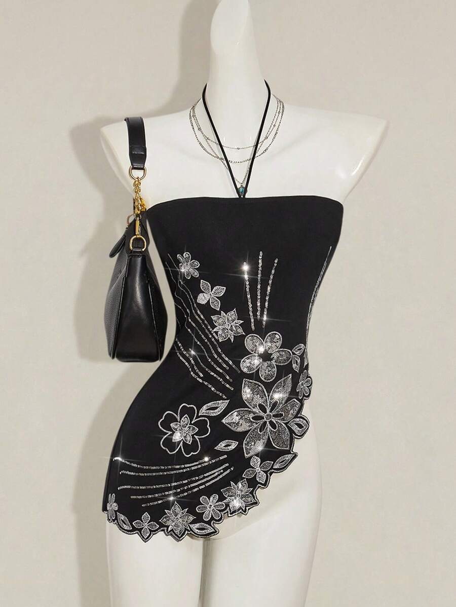 SHEIN ICON 女式夏季挂脖花卉刺绣时尚背心 - 黑色 - 查看 1