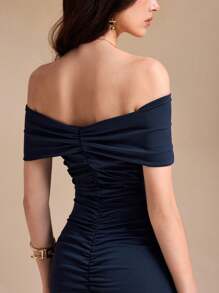 Ashley Stambouli فستان ماكسي بحيّز جانبي عالٍ ومطوي أنيق باللون الصلب للنساء لحفلات الصيف - الأزرق - مشاهدة 4