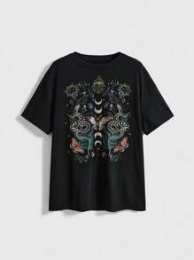 ROMWE Plus Size Women Gothic Snake Eye Plant Print Long T-Shirt - Black - View 1