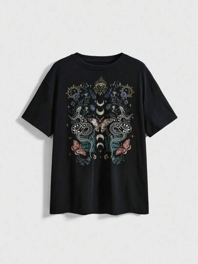 Goth Camiseta larga con estampado de ojo de serpiente y planta para mujeres de talla grande, estilo gótico
