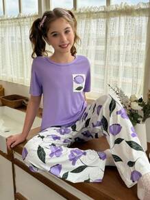 SHEIN 舒适牛奶丝印花上衣，带口袋设计，女童睡衣套装 - 紫色 - 查看 4