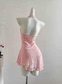 Flirla Nuevo vestido mini de verano para mujeres de encaje transparente, dulce, para uso diario y vacaciones, con cuello halter y espalda descubierta - Rosa - Ver 2