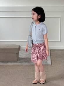 SHEIN Y2K YOUNG GIRL 别致街头风格复古休闲学院风彩色豹纹棉质工装牛仔短裙，松紧腰身，实用风琴口袋，百搭时尚，适合派对、音乐节、感恩节、返校季 - 粉色 - 查看 6