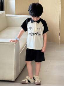SHEIN Little Byeori 2pcs/Set Young Boys Casual Color Block Raglan Sleeve Polo Shirt And Shorts Set - Multicolor - View 2