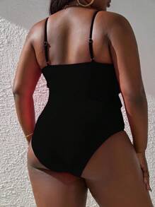 Slaydiva Plus Size Summer Beach Ruffle Trim One-Piece Swimsuit - Black - View 3