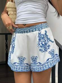 Sunnyshic Holiday Style Blue Printed Cute Shorts With Side Pockets - Blue and White - View 1