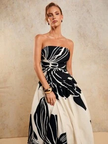 COSMINA 女士优雅褶饰印花连衣裙，适合宴会，春夏秋 - 黑與白 - 查看 5