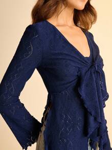 CAJUNI V-Neck Tie Waist Flare Sleeve Textured Fabric Long Sleeve Casual Top Casual Blouse For Women Fall Clothes For Women  Fall Outfits For Women