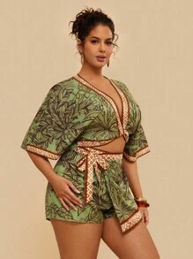 Travachic Set da 2 pezzi di shorts stampati con motivi tropicali e top corto a V con fiocco per donna in taglie grandi